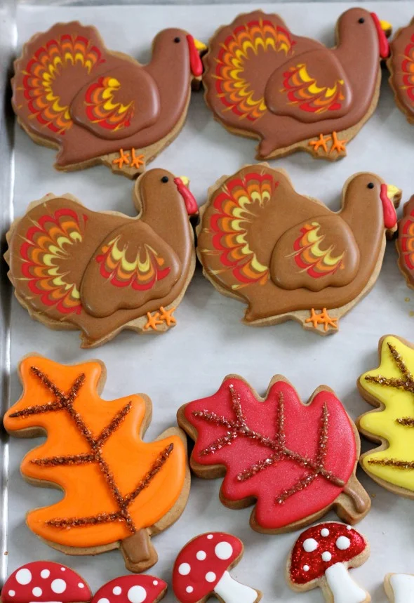 Turkey, Fall Leaves, and Mushrooms Cookies