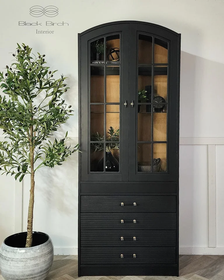 Black Arched Display Cabinet with Drawers