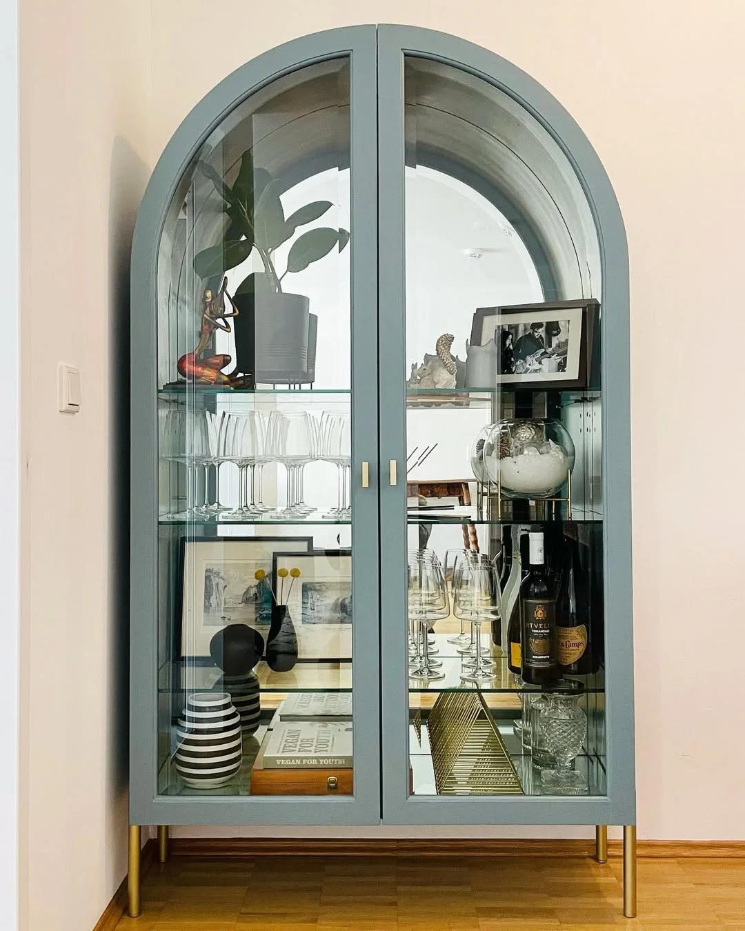 Arched Blue-Gray Display Cabinet