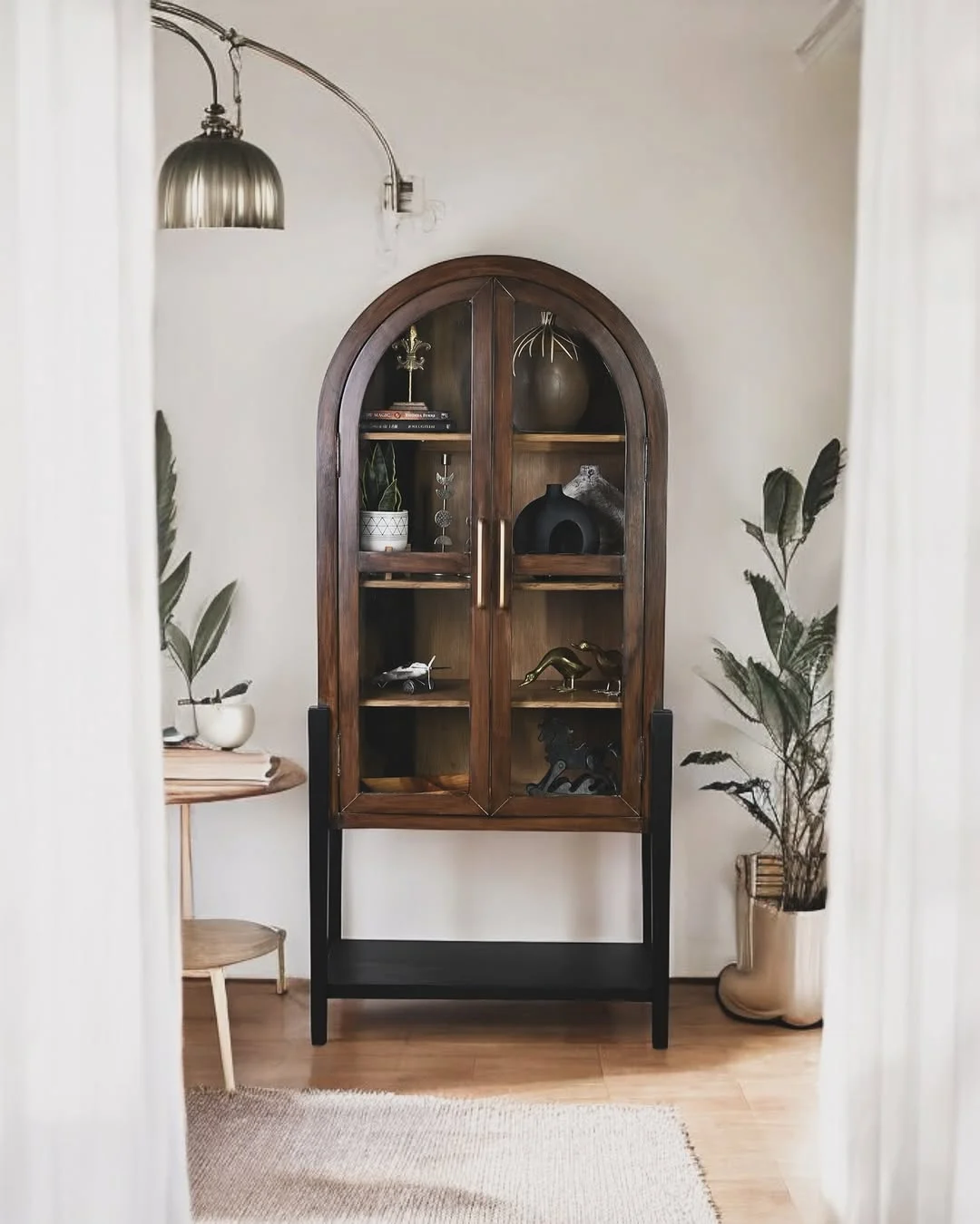 Wood Arched Display Cabinet with Black Stand