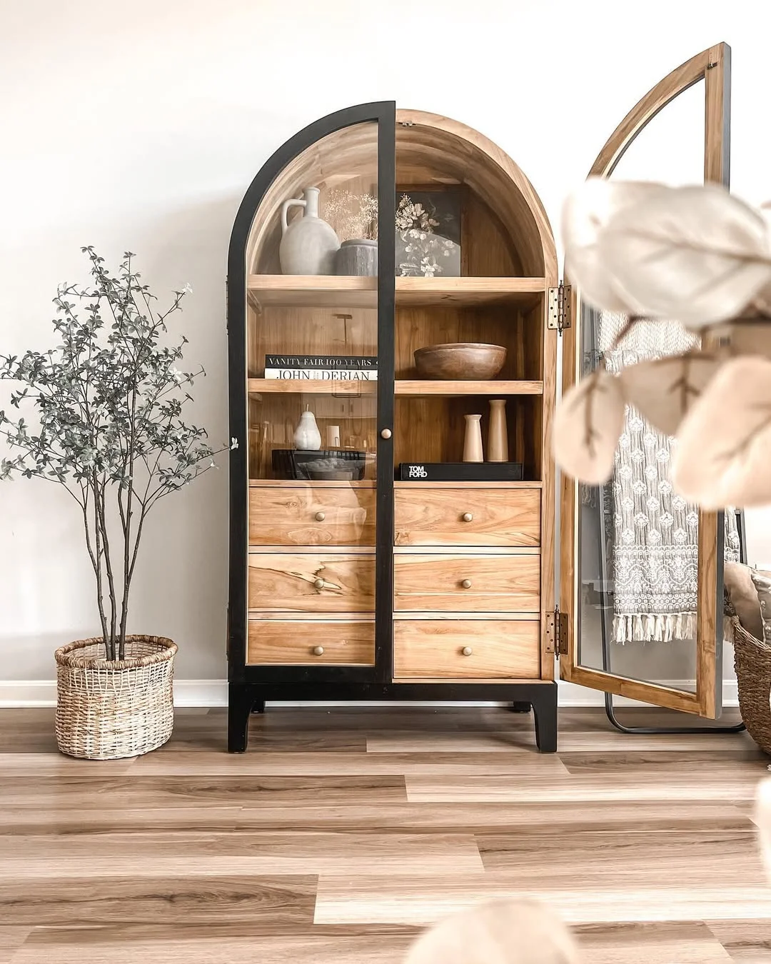 Arched Wood and Black Cabinet