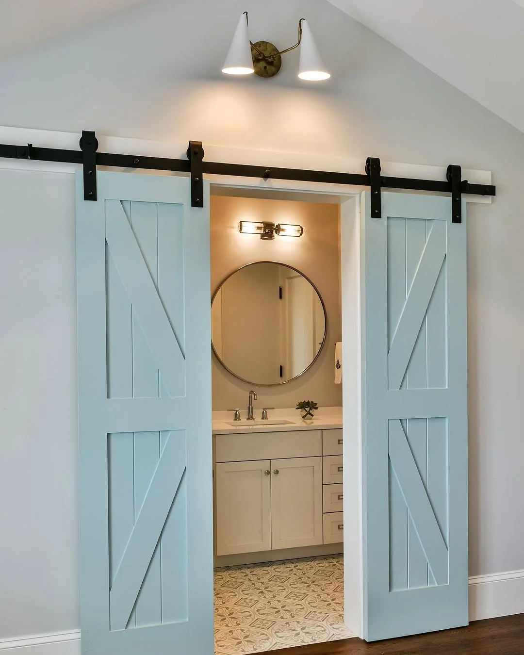 Pale Blue Double Barn Doors for Bathroom