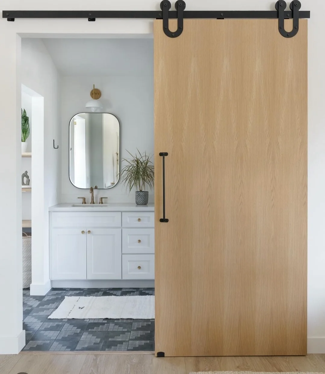 Natural Wood Barn Door for Minimalist Bathroom