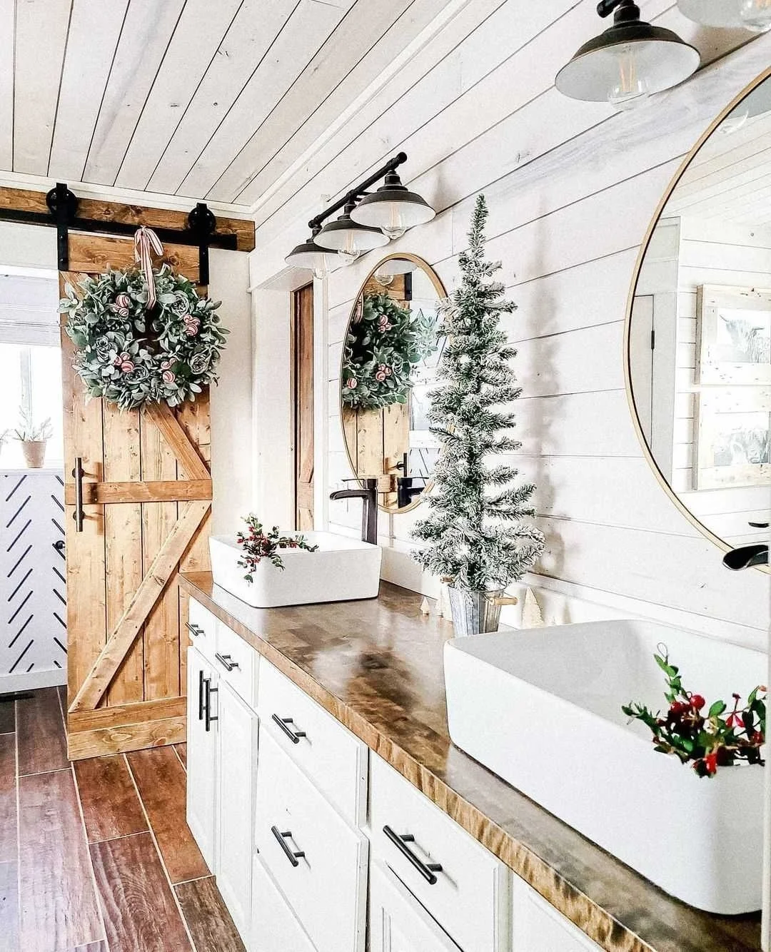 Farmhouse Bathroom with Barn Door and Holiday Decor