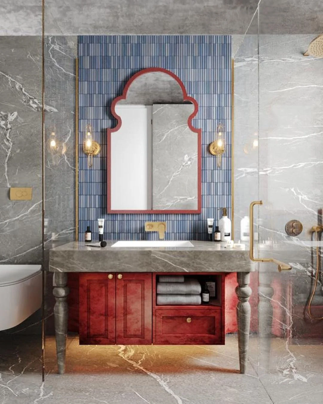 Modern Bathroom with Red Vanity and Arched Mirror