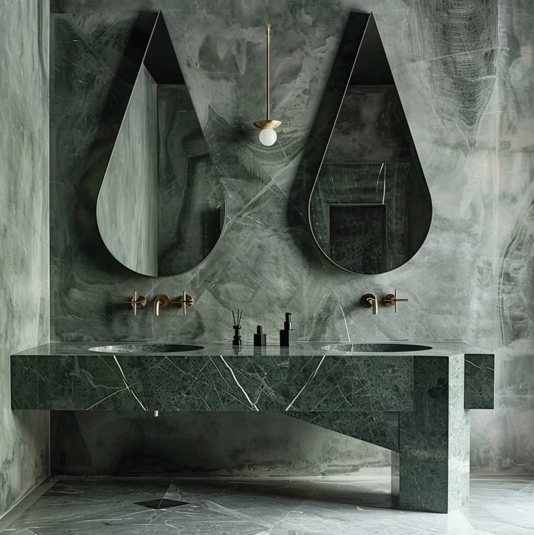 Dramatic Green Marble Bathroom with Teardrop Mirrors