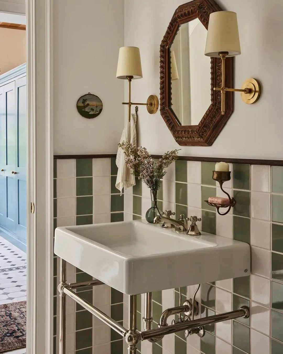 Vintage-Style Bathroom with Green and White Tile