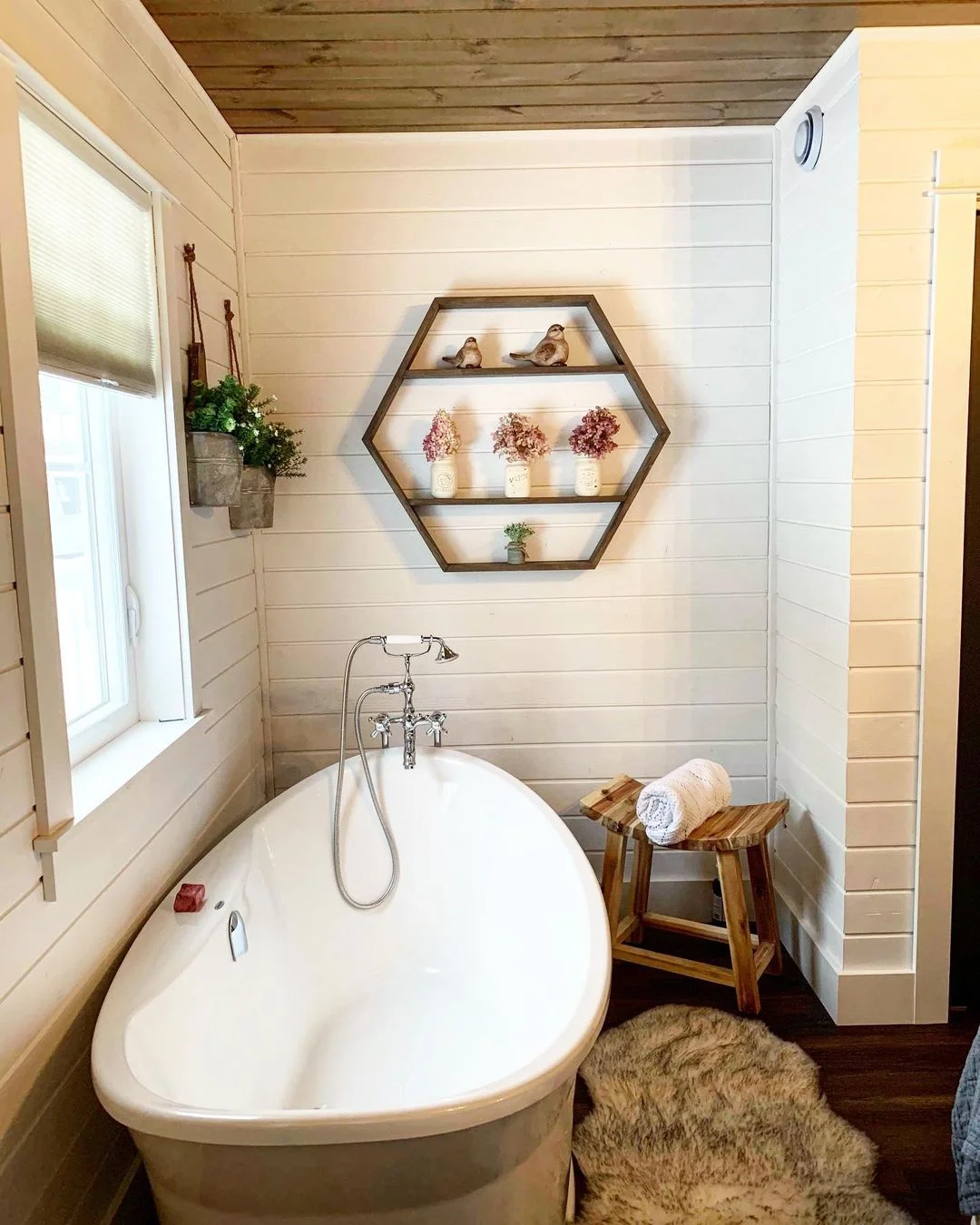 Rustic Farmhouse Bathroom with Hexagon Shelf