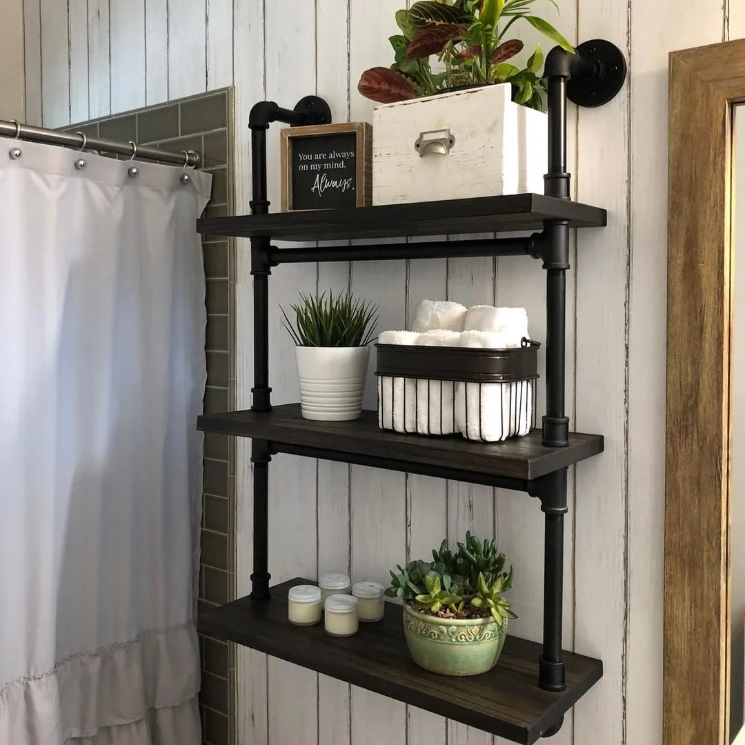 Industrial Pipe Shelves for Bathroom Storage