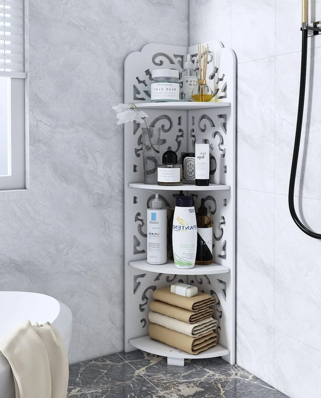 Space-Saving Corner Bathroom Shelves