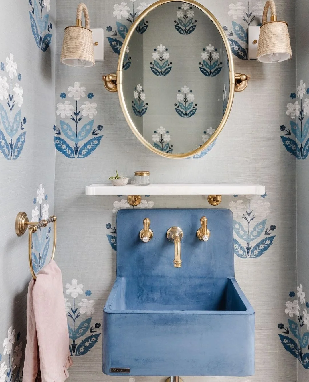 Charming Blue Floral Powder Room Sink