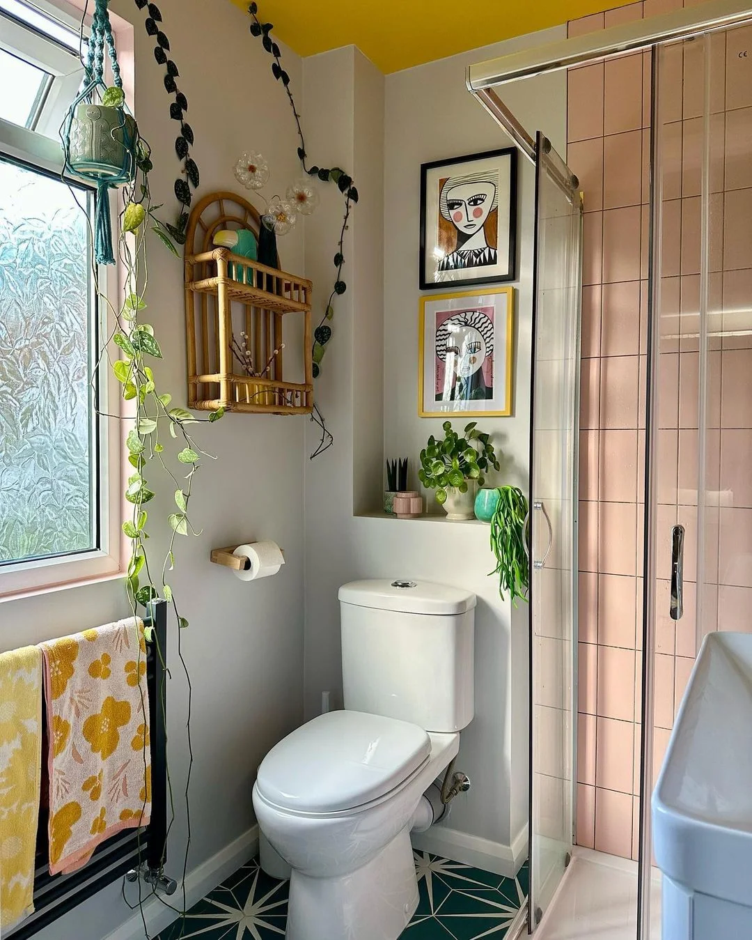 Whimsical Art and Hanging Plants for a Playful Bathroom