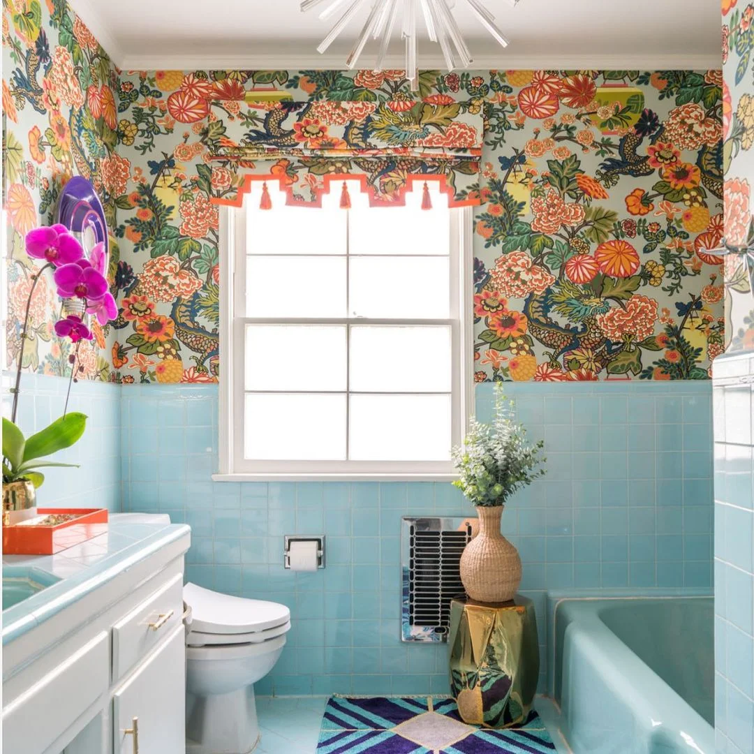 Vibrant Floral Wallpaper and Colourful Accents for a Bold Bathroom