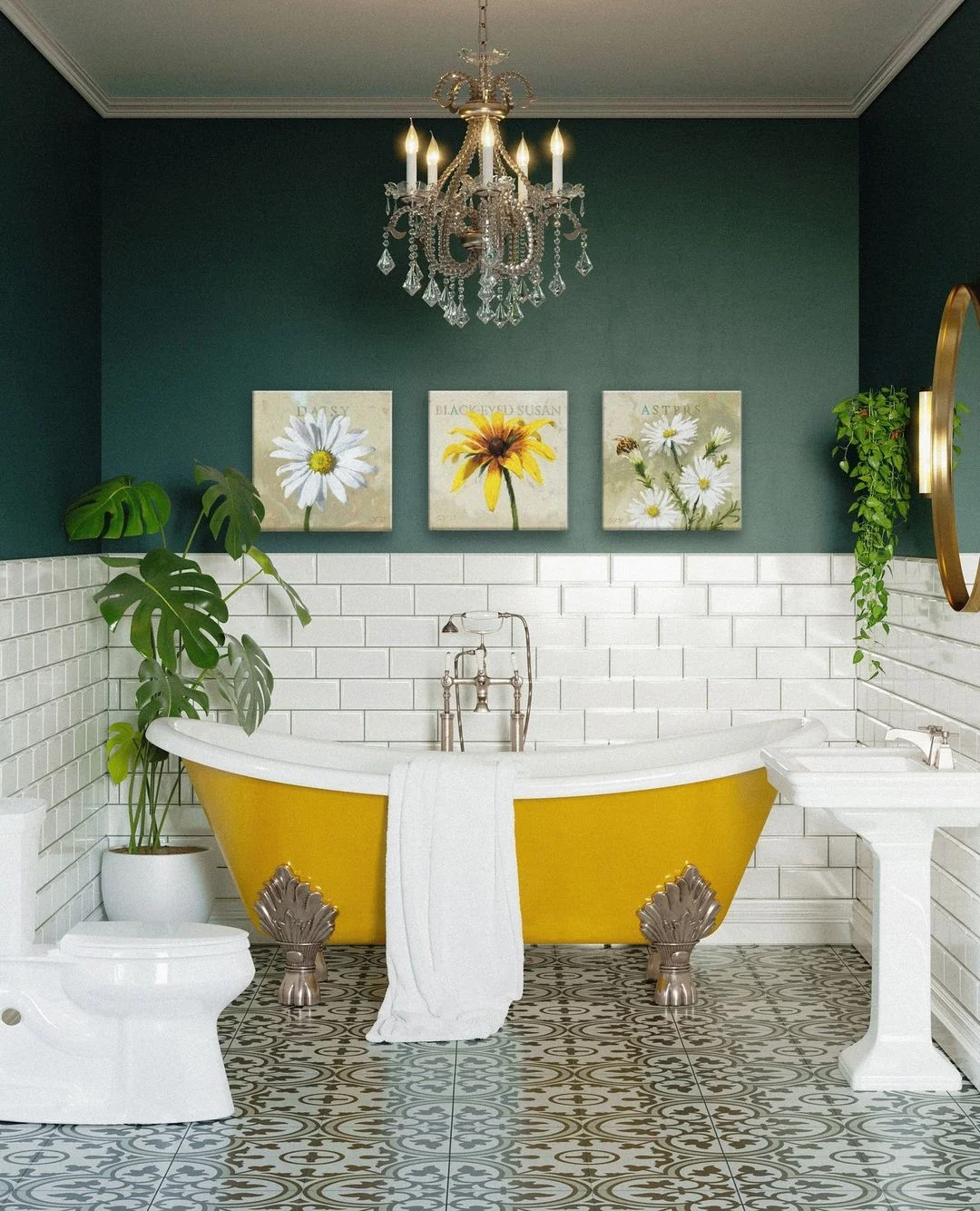 Elegant Floral Art and Bold Bathtub for a Chic Bathroom