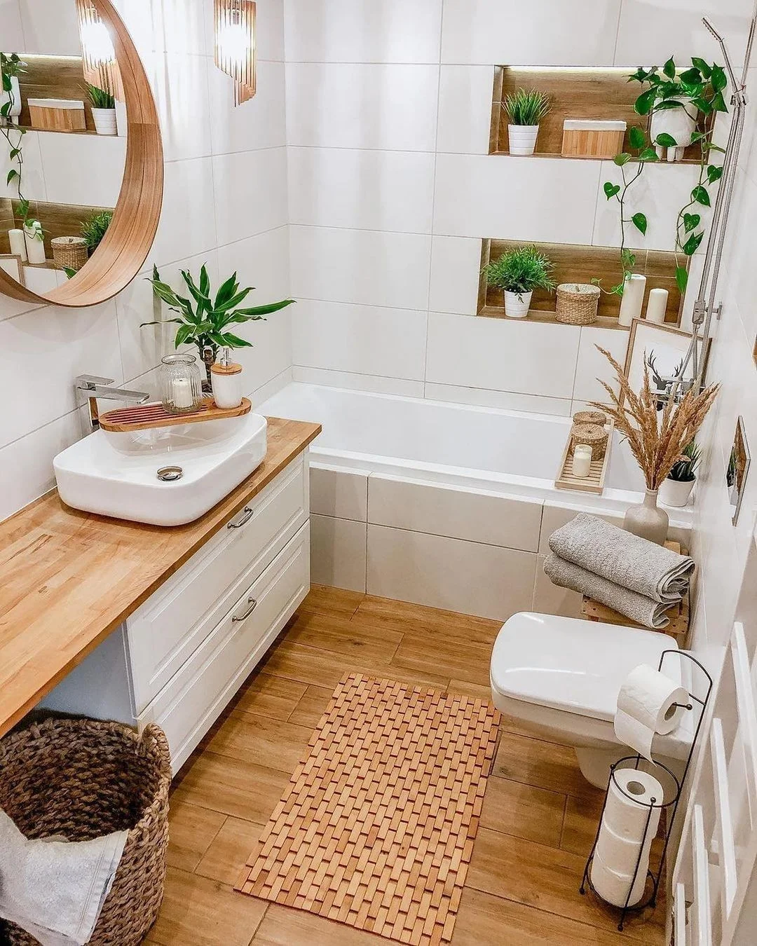 Natural Wood Accents and Greenery for a Cosy Bathroom