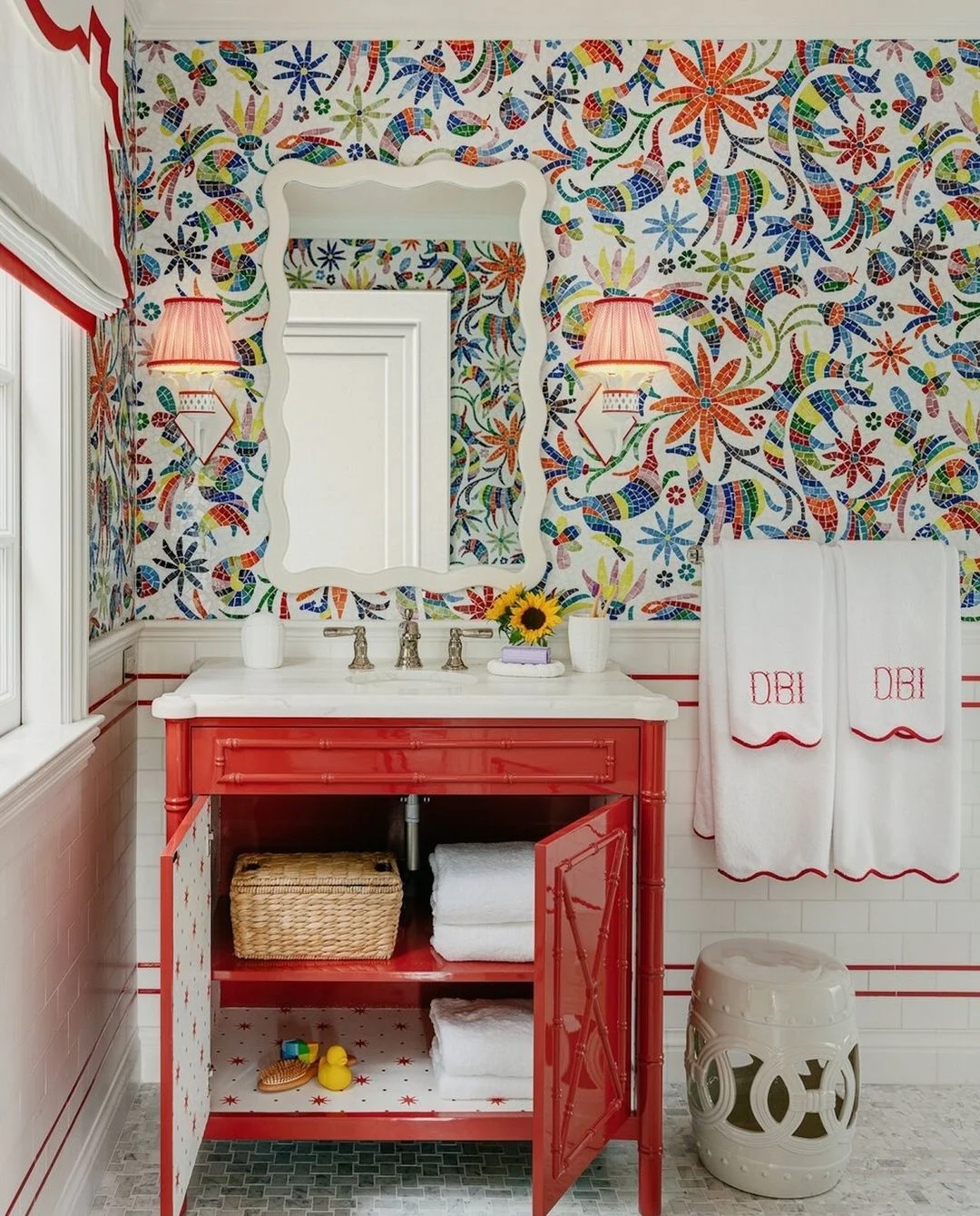 Vibrant Wallpaper and Bold Vanity for a Playful Bathroom