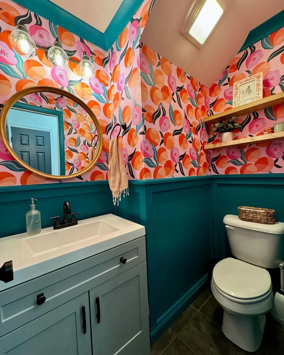 Teal and Peach Bathroom with Fruit Wallpaper