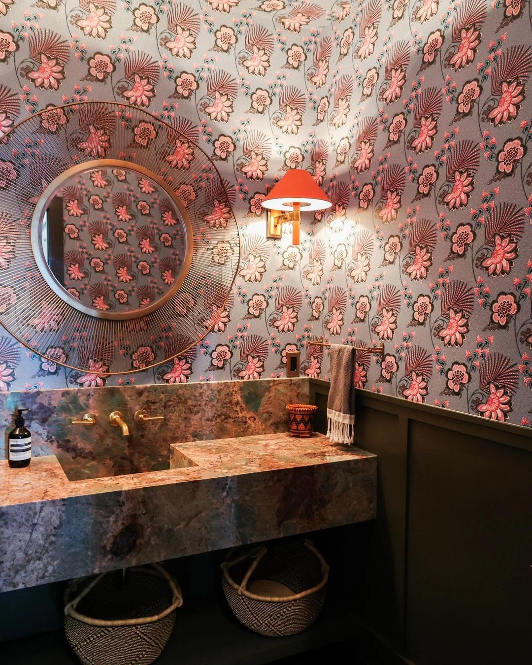 Bohemian Bathroom with Floral Wallpaper and Stone Vanity