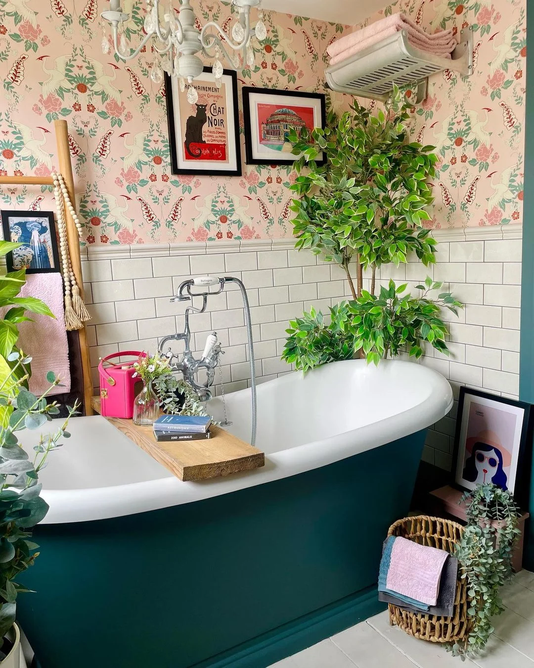 Eclectic Bathroom with Pink Floral Wallpaper and Teal Clawfoot Tub