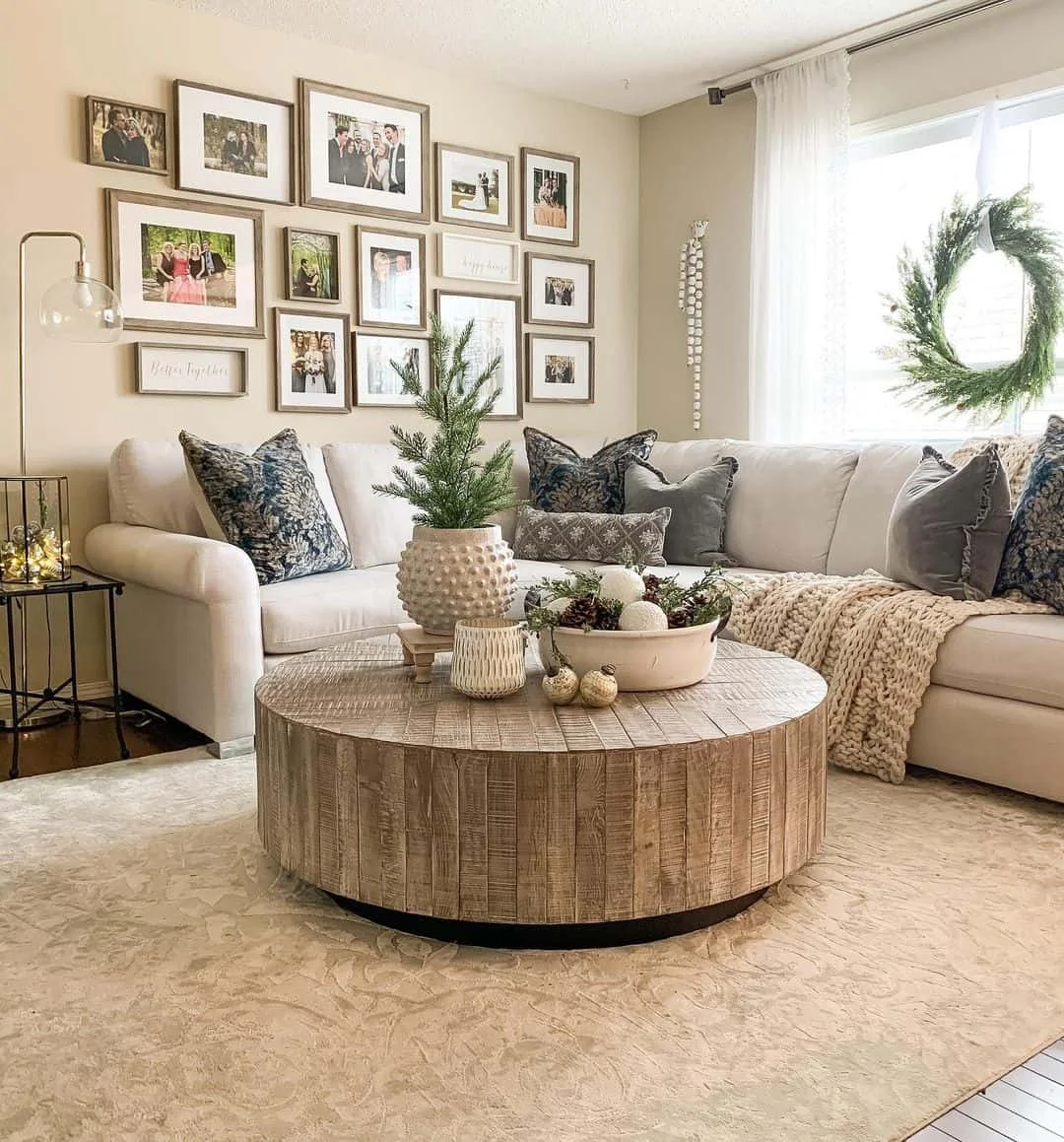 Cozy Neutral Living Room with Family Photo Wall