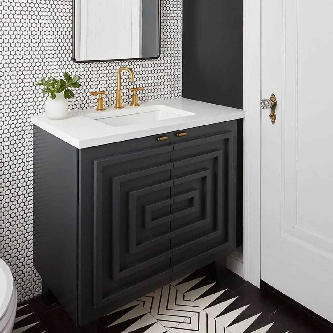 Geometric Glam: Black Vanity with Gold &amp; Penny Tile Accents