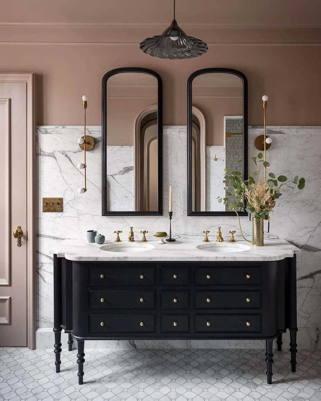 Vintage Glam: Black Double Vanity with Marble &amp; Rose Accents