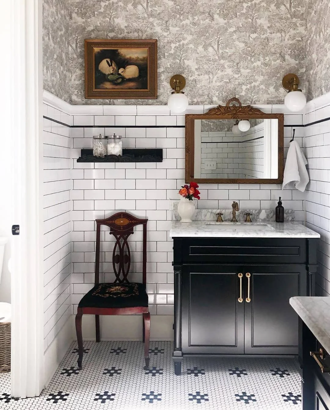 Vintage Charm: Black Vanity with Toile &amp; Subway Tile