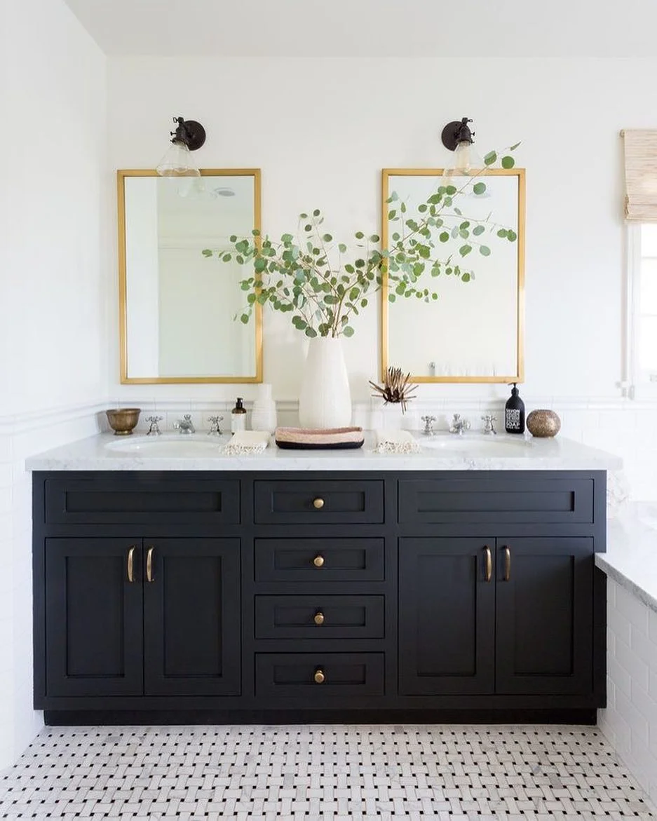 Serene &amp; Stylish: Black Double Vanity with Gold &amp; Greenery