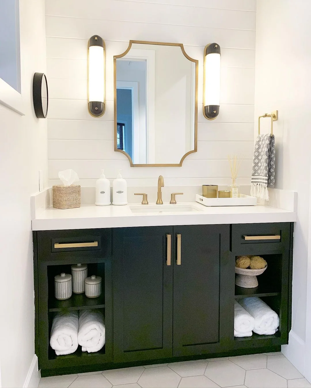 Modern &amp; Chic: Black Vanity with Gold Accents &amp; Open Shelving