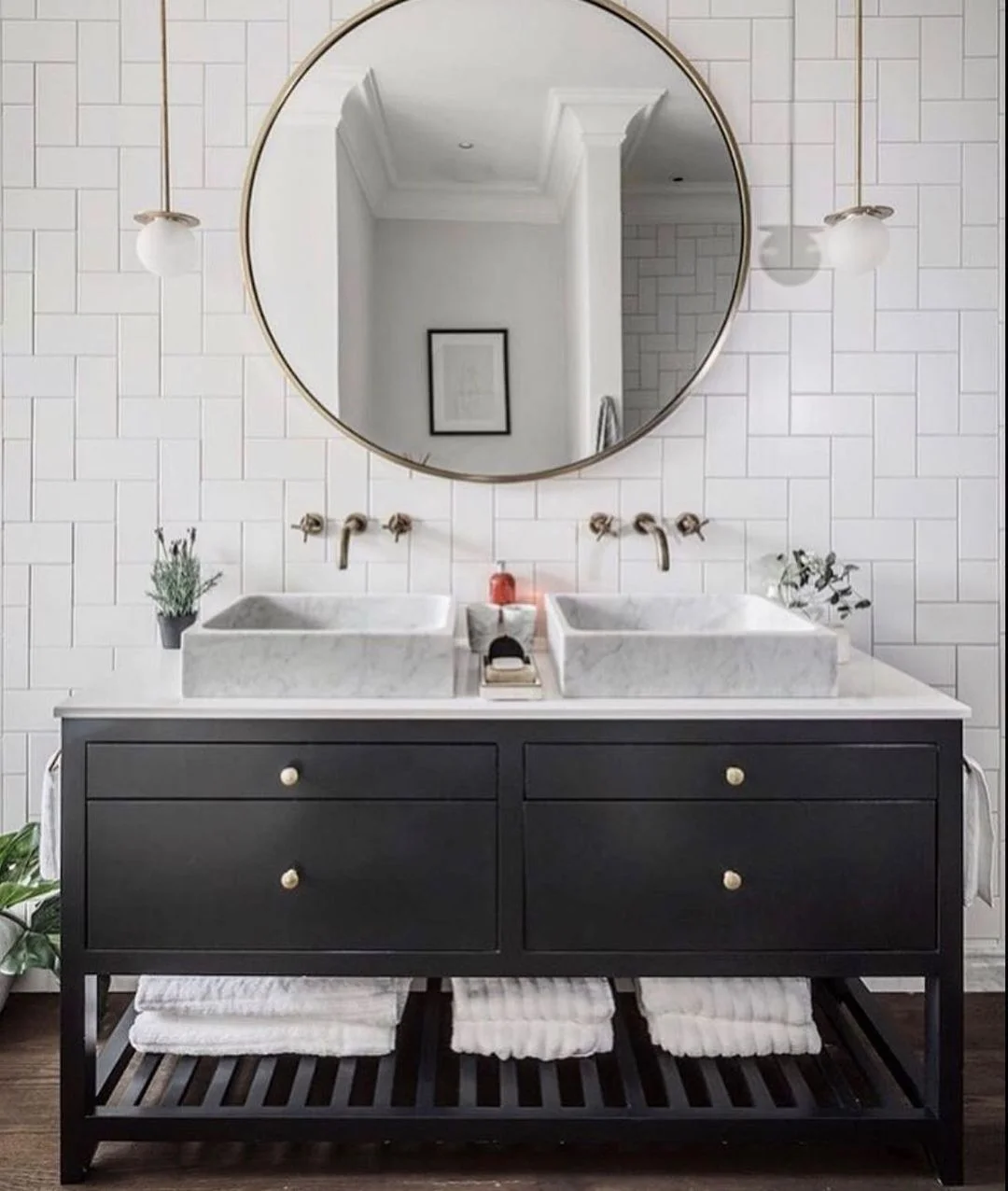 Spa-Like Serenity: Black Double Vanity with Marble &amp; Open Shelving