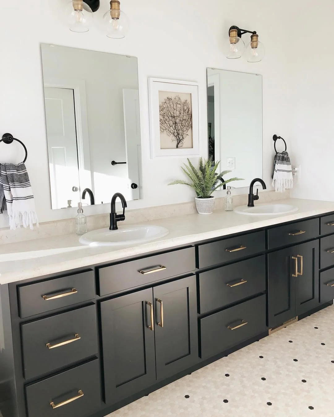 Modern &amp; Chic: Black Double Vanity with Gold Hardware &amp; Patterned Tile