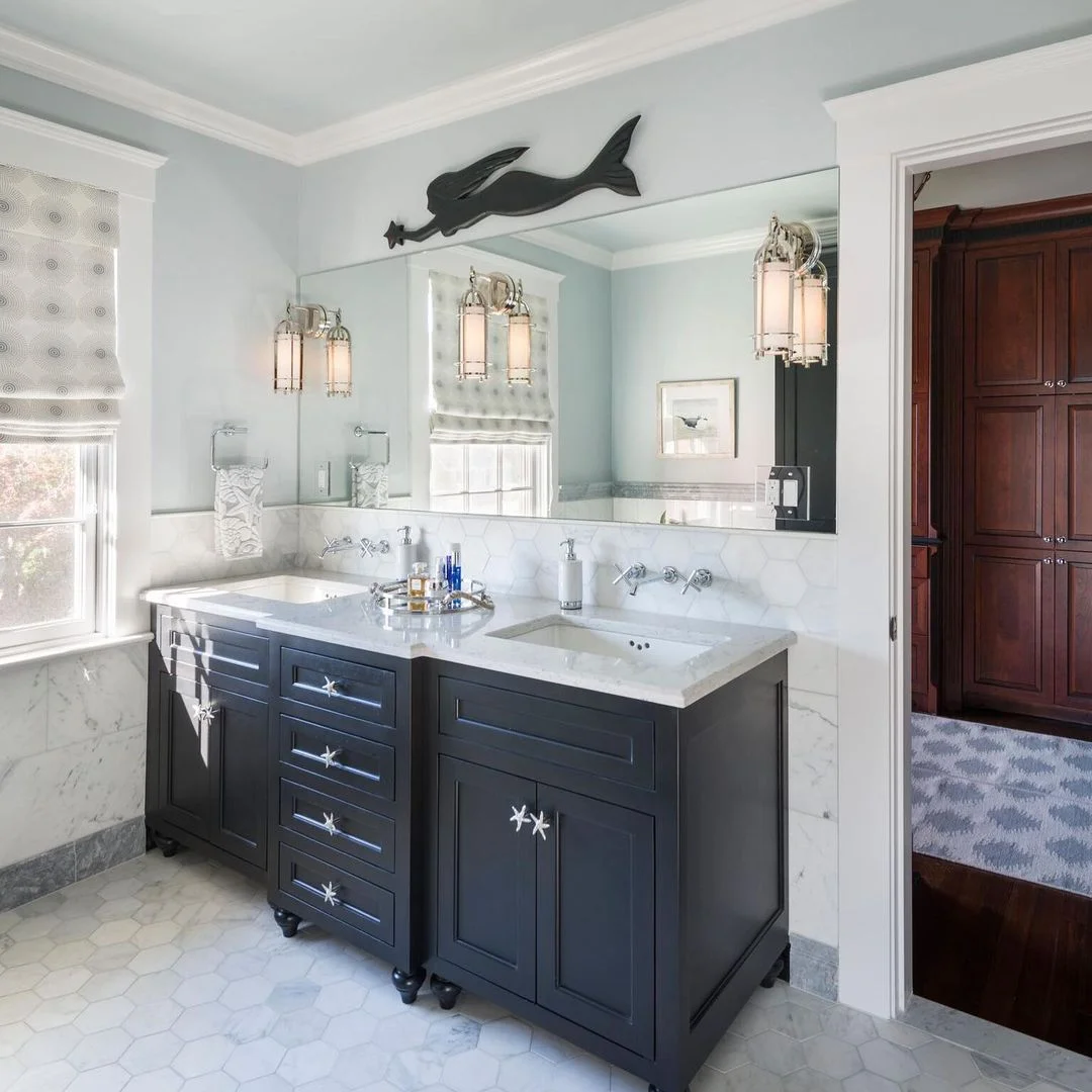 Coastal Chic: Black Double Vanity with Marble &amp; Whimsical Touches