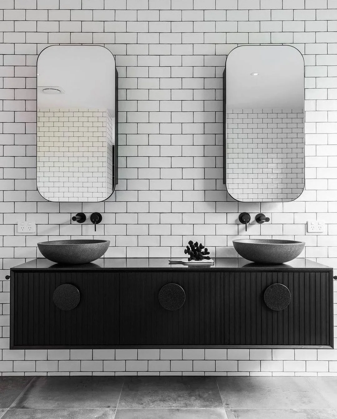 Modern Minimalist: Black Fluted Vanity with Subway Tile &amp; Vessel Sinks