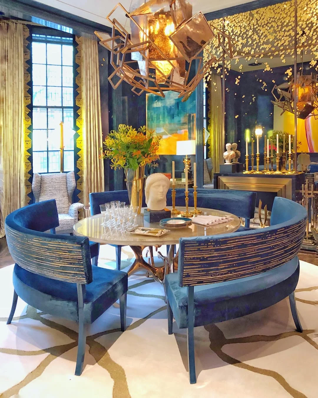 Luxurious Blue and Gold Dining Room