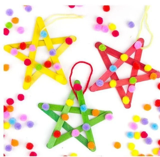 Colorful Pom Pom Popsicle Stick Stars