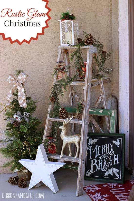 Repurpose an Old Ladder into Rustic Christmas Porch Decor