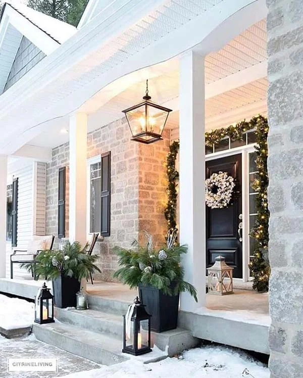 Elegant Front Door Look with Black Planters and Lanterns