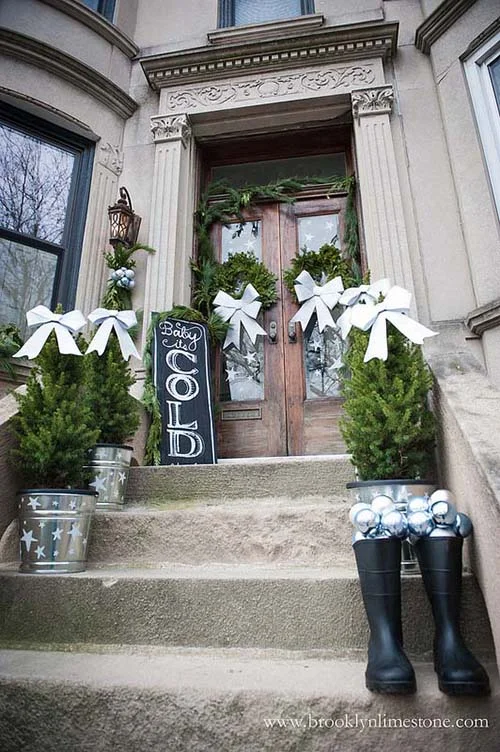 Decorate Porch Staircase with Small Tree Planters and Boots