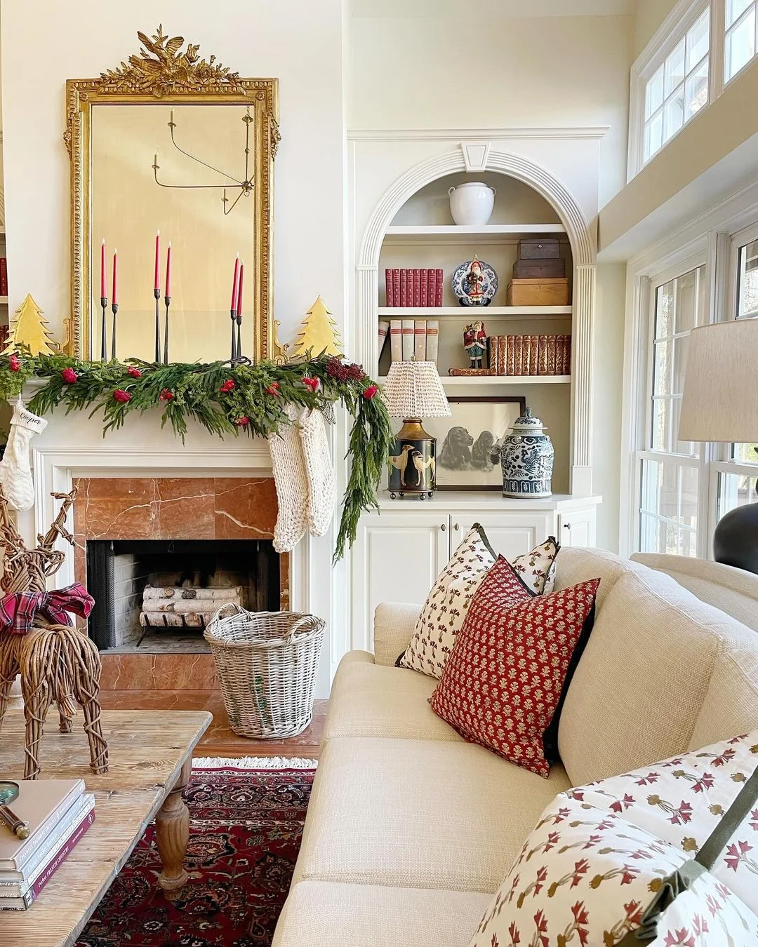 Christmas Mantel with Red Candles and Greenery