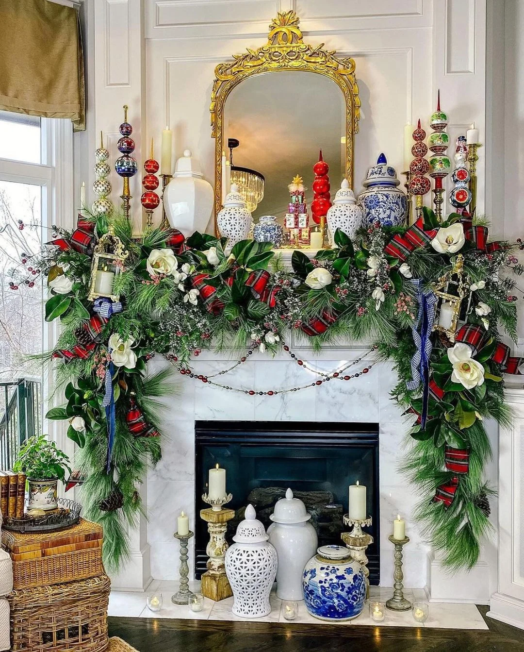 Luxurious Mantel with Red, Green, and Classic Accents