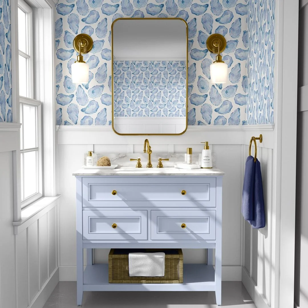 Coastal Chic Powder Room with Oyster Wallpaper