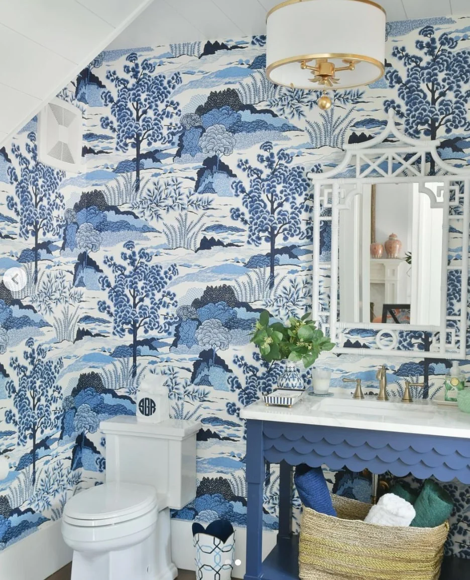 Scenic Blue and White Powder Room