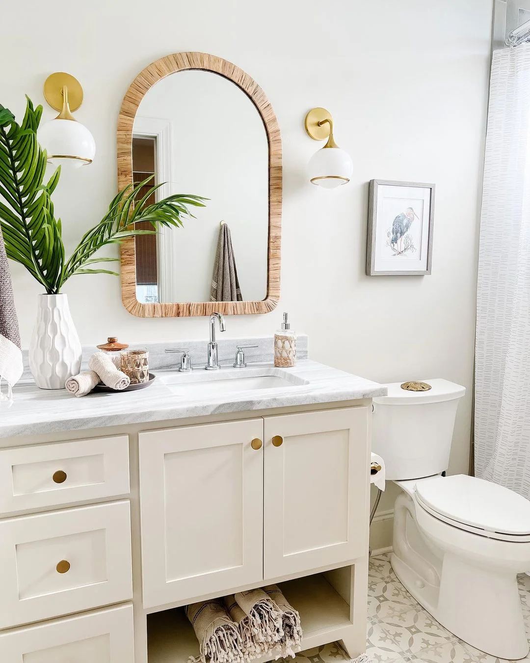 Warm &amp; Neutral Bathroom with Woven Accents