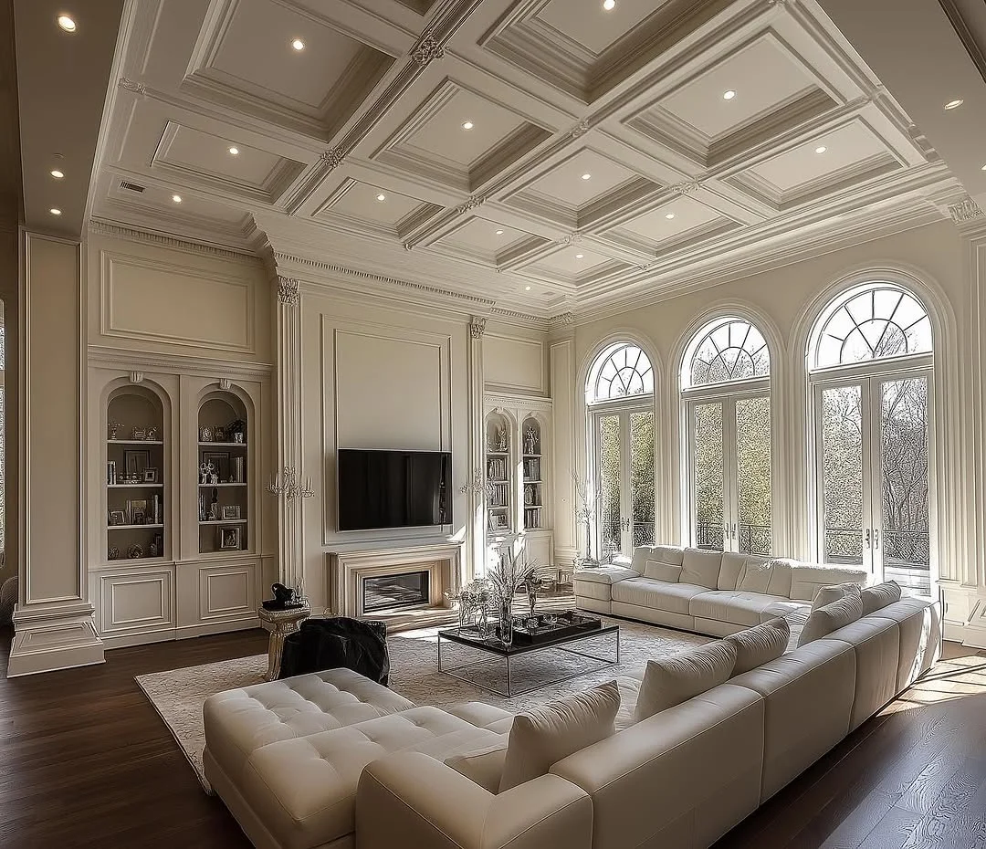 Grand Coffered Ceiling Living Room