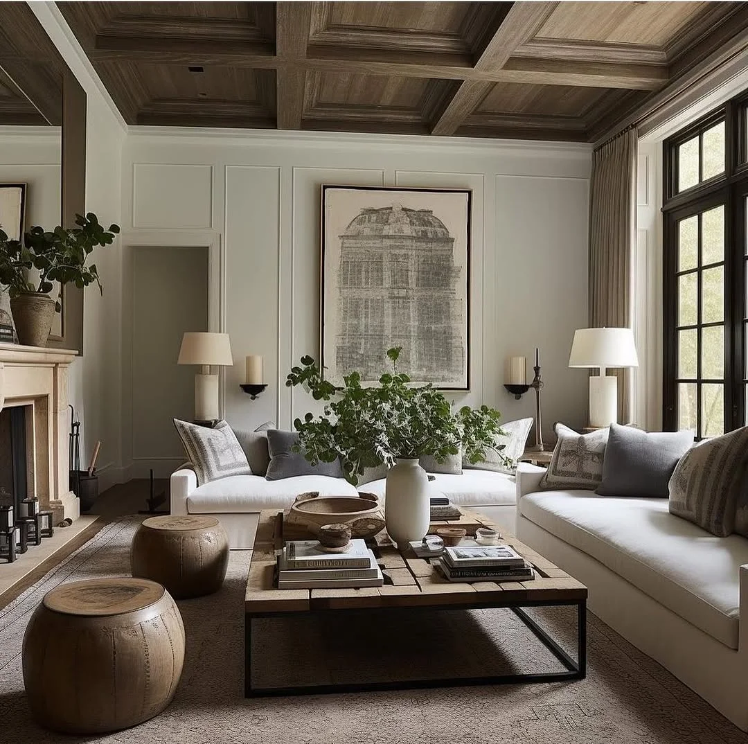 Rustic Modern Living Room with Wood Coffered Ceiling