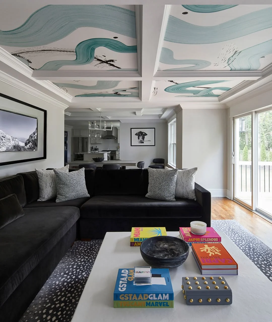 Contemporary Living Room with Painted Coffered Ceiling