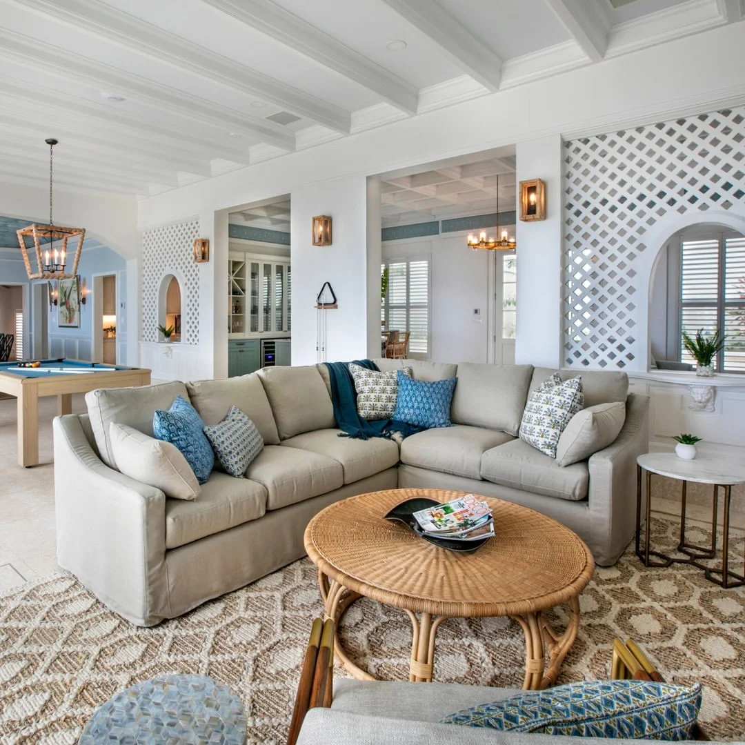 Coastal Living Room with Coffered Ceiling and Open Plan