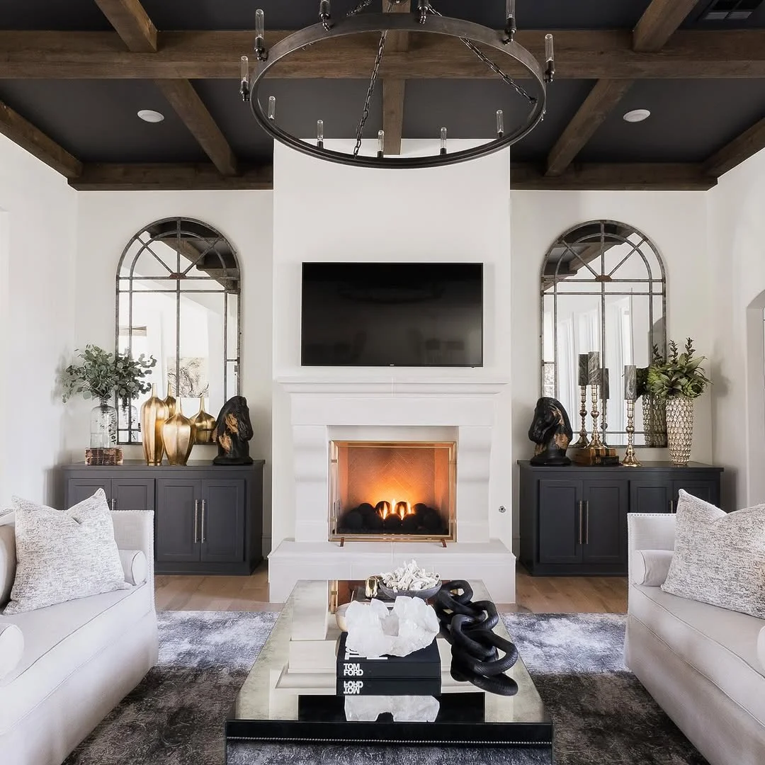 Modern Farmhouse Living Room with Beamed Ceiling