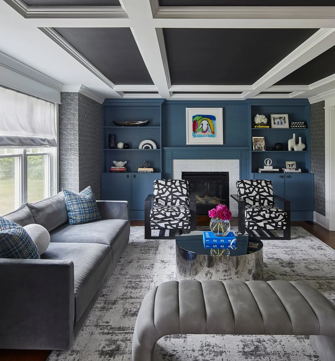 Modern Living Room with Bold Coffered Ceiling