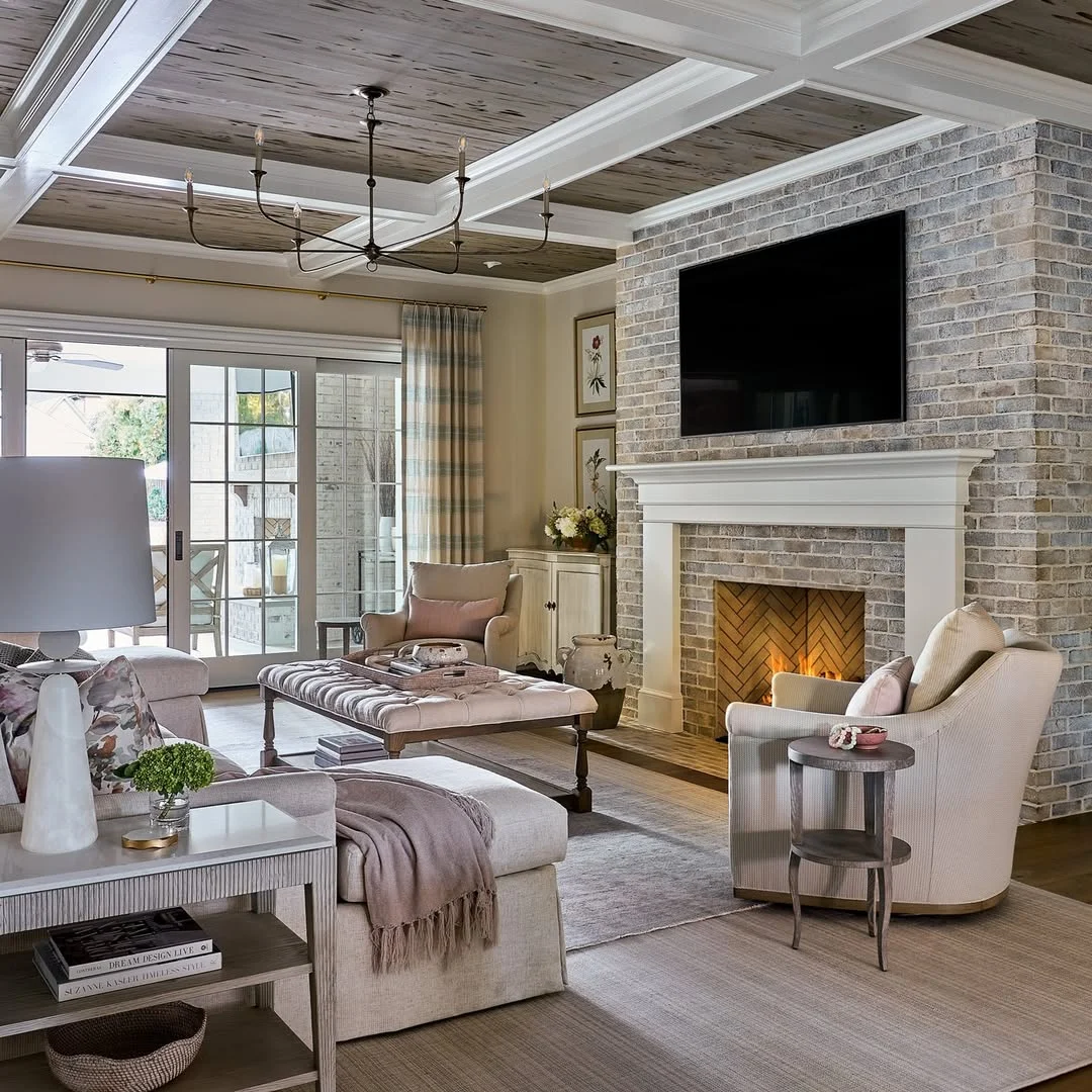 Rustic Chic Living Room with Coffered Ceiling